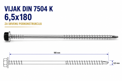 VIJAK DIN 7504 K 6,5x180 ZA DRVENU PODKONSTRUKCIJU